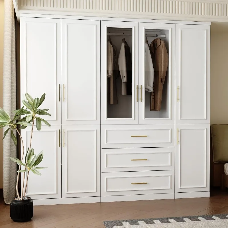 Storage 79" Wide Modern White Wardrobe, with Gold Handles, Drawers, Shelves