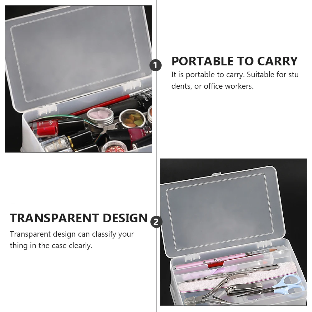 กล่องเก็บของแบบใสพร้อมตัวแบ่งชั้น กล่องสองชั้นสำหรับใส่เครื่องมือทำเล็บ ยาทาเล็บ เครื่องประดับ เครื่องสำอาง ใช้ในบ้านและสำนักงาน