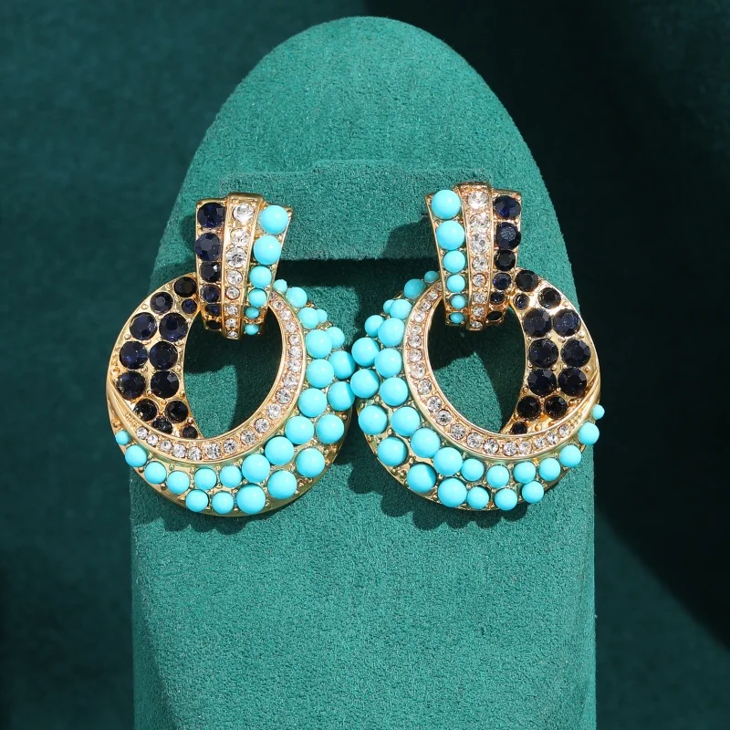 

Vintage Turquoise Earrings Stud For Woman Round Black Rhinestone Wedding Party Bridal Luxury Jewelry Designers Brand Accessories