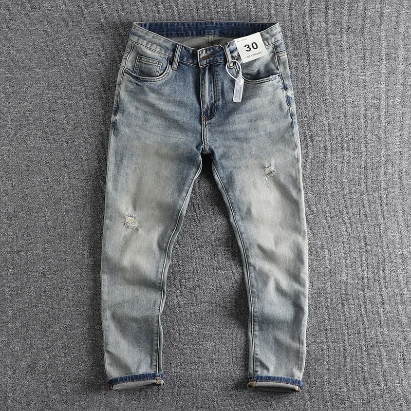 

2024 New Retro Worn Looking Washed-out Ripped Jeans Men's Fashion Wear Pencil Pants Stretch Comfortable Cropped Pants