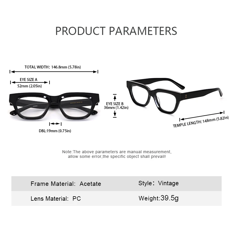 빈티지 패션 여성용 고급 광학 안경 직사각형 남성용 고품질 아세테이트 프레임 투명 렌즈 장식 안경