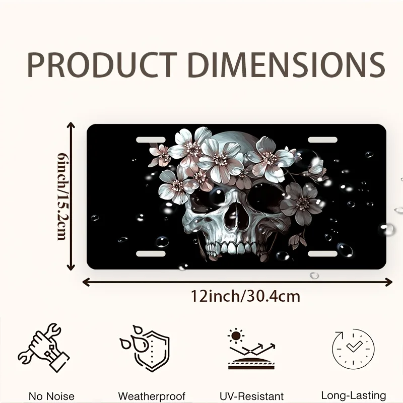 Skull Adorned with Flowers Front License Plate, Aluminum License Plate Covers & Frames, Funny Standard Plates Novelty for Decora