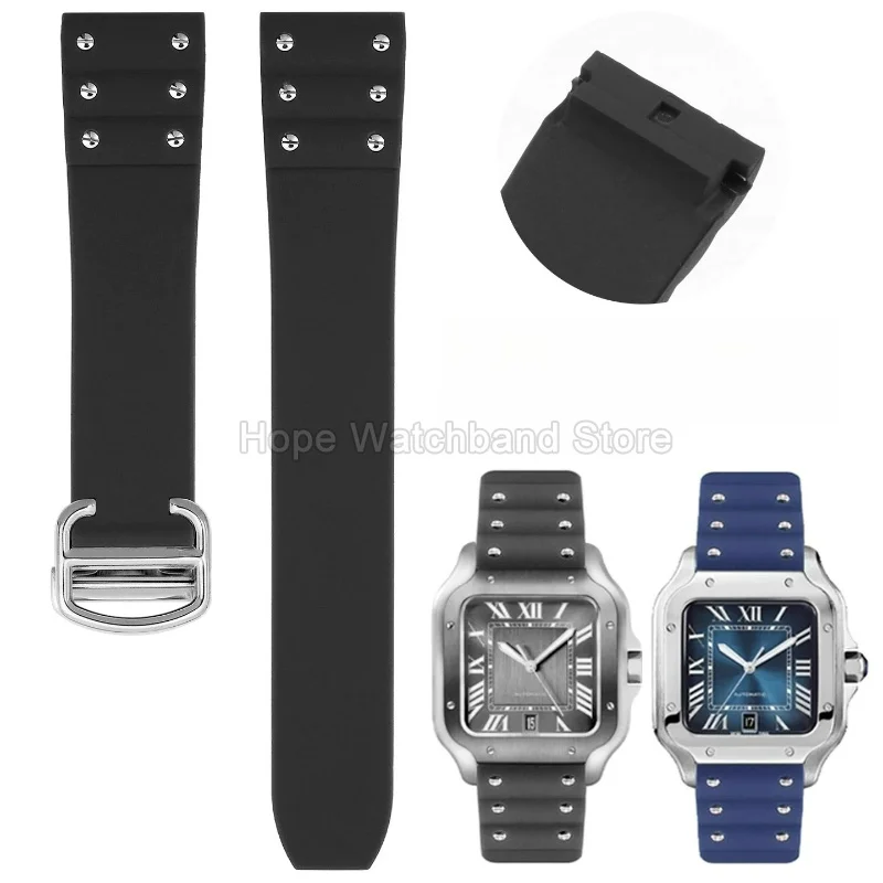 21mm  Special Flat Interface Silicone Watch Accessories Black Blue for Cartier Santos Sandoz 100 Watchband with Rivets Design