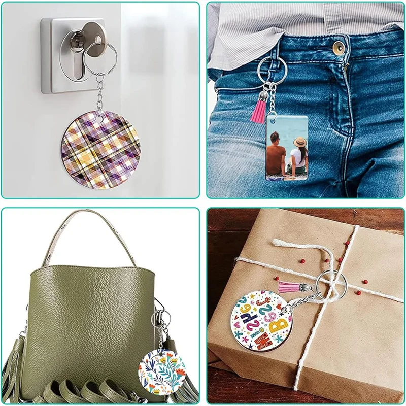 ABWR-Kit de juego de llaveros en blanco de sublimación con transferencia de calor MDF en blanco 3 formas borlas colgante anillos de salto llavero con cadena Se