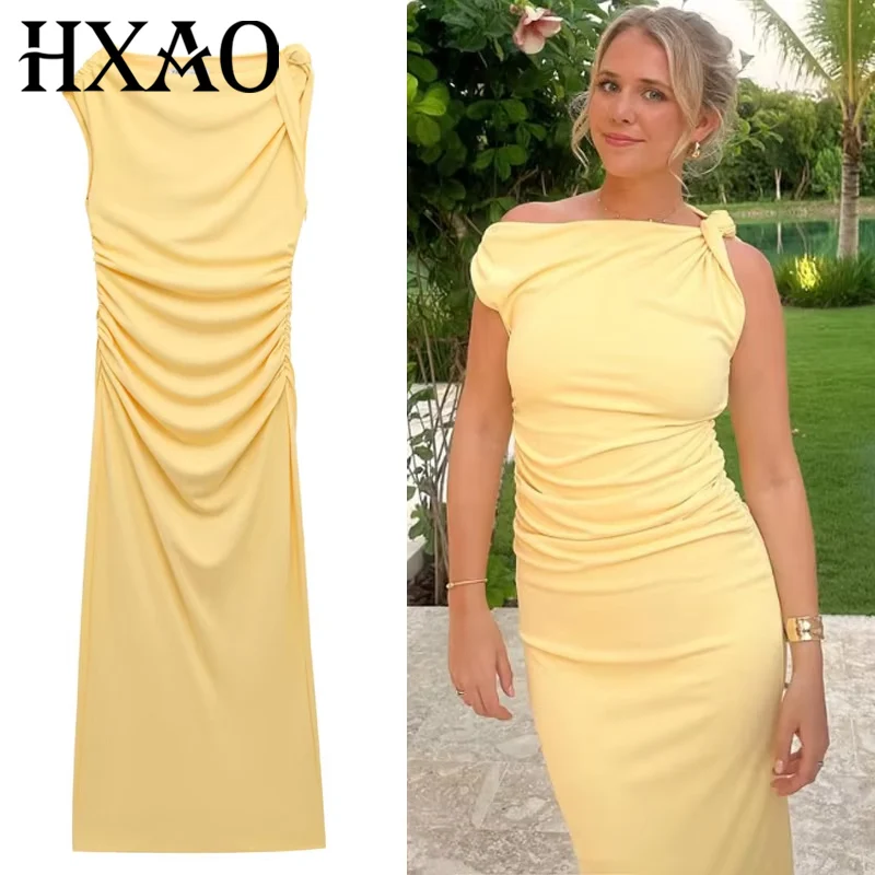 HXAO Yellow Women's Dress Sleeveless Asymmetrical Long Dresses Women Ruched Bodycon Party Dresses Woman Slit Elegant Midi Dress