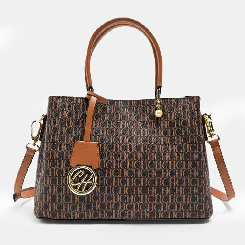CH Letter Printed Design Handbag, Classic Stylish Textured Crossbody Bag Suitable For Daily Work Travel