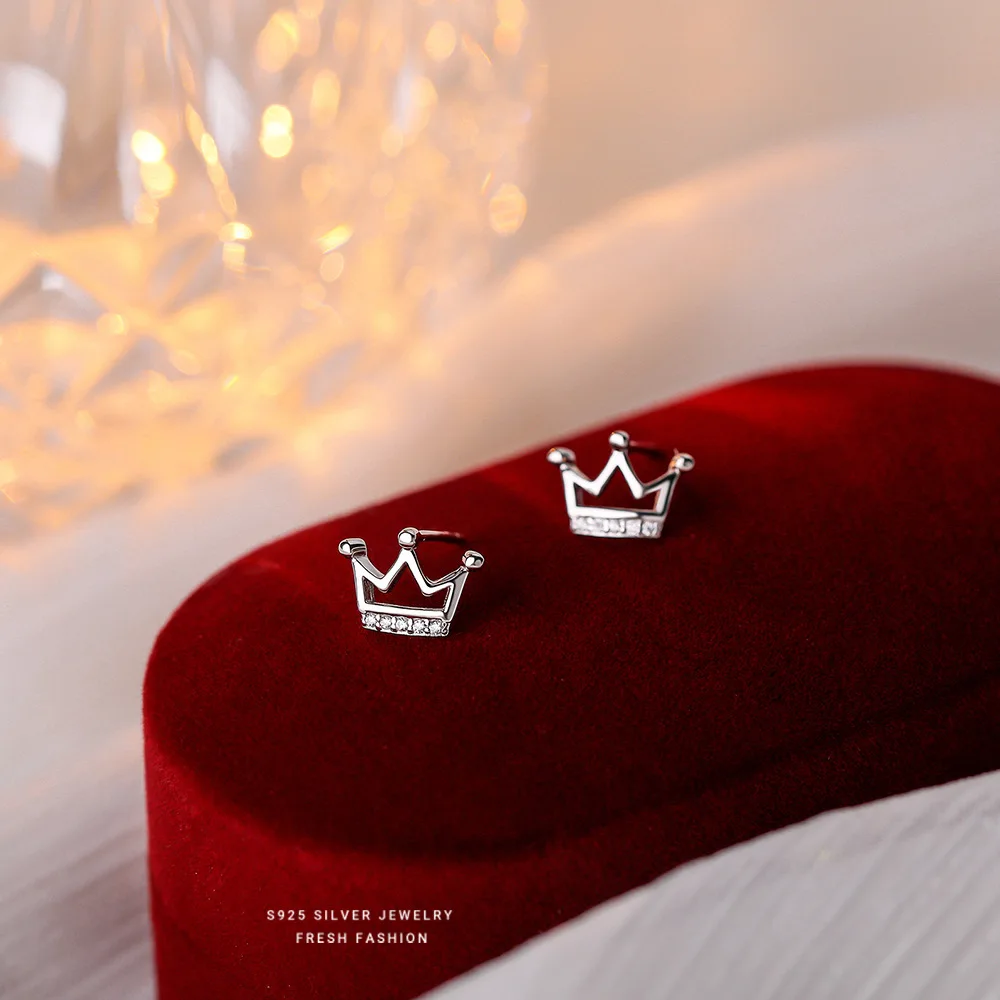 100% Real S925 Sterling Silver Zirconia Crown Stud Earrings Fashion Elegant Earrings Female Women Suit Jewelry