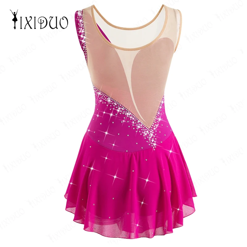 Robe de patinage artistique pour femmes et filles, robe de patinage sur glace, ourlet asymétrique, maille IQUE dex élasthanne, haute élasticité, compétition