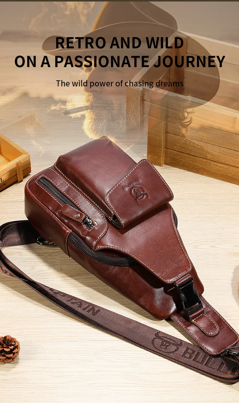 BULLCAPTAIN Echtleder Sling-Rucksack für Herren USB-Ladeanschluss Brusttasche Crossbody Schultertasche Lässiger Tagesrucksack für Arbeit und Reisen – Detail 5