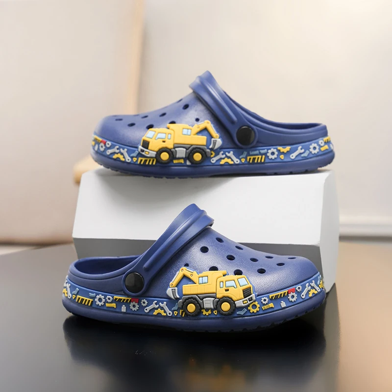 Boys' Excavator Clogs, EVA Non-Slip Kids Garden Shoes, Cute Construction Truck Design Sandals for Summer Indoor Outdoor