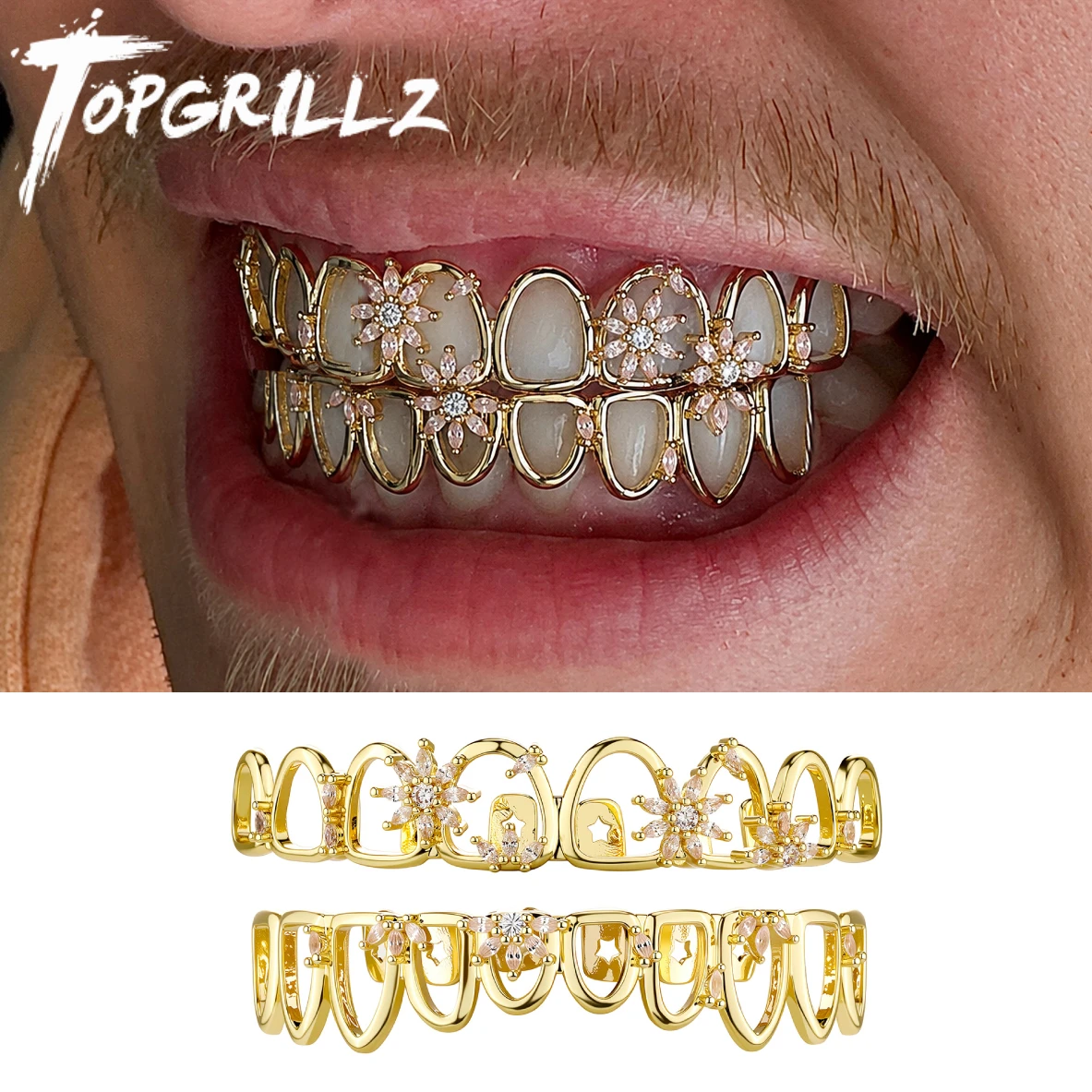 TOPGRILLZ Sweet And Cool Hollow Out Floral Gold Plated Copper Two Row Iced Out Clear CZ Grill For Men&Women 8 Teeth