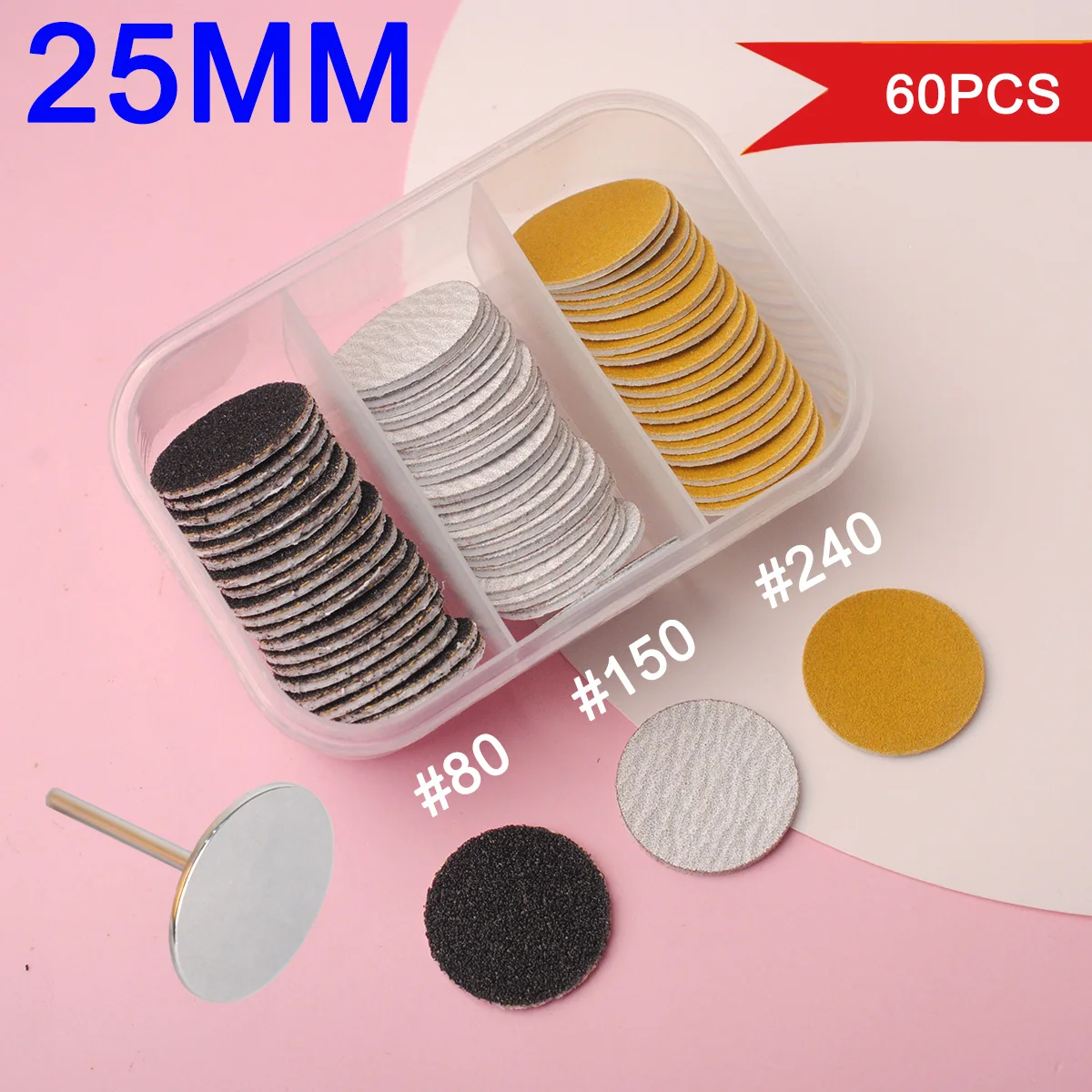 60pcs Replaceable Sanding Paper With Metal Disk,25mm Pink Pedicure Nail Bit Sandpaper Foot Care Tool Accessories