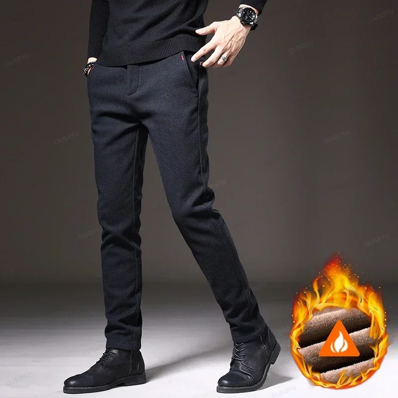 Winter Pants Men Warm Elastic Waist Thick Brushed Fleece Lined Work Casual Trouser Male Formal Office Slim Business Dress Plush