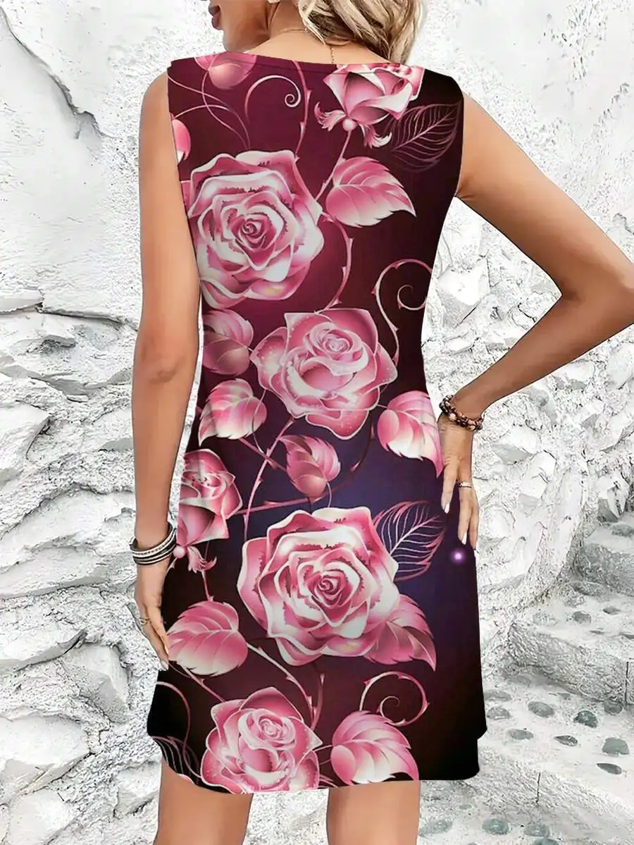 

Rose Floral Print Sleeveless Round Neck Casual Dress For Women