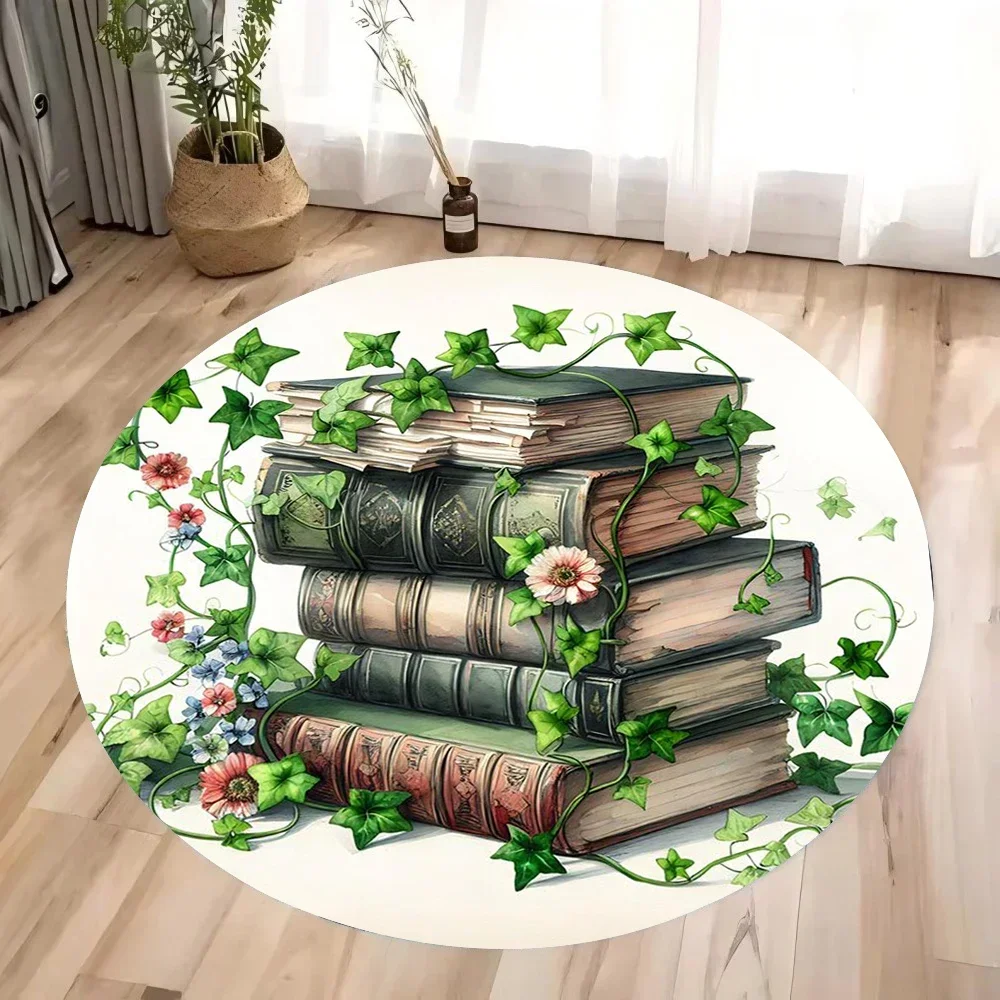 ~O~Retro Round Rug with Ancient Books & Butterfly Motif – Floral Non-Slip Mat for Bedroom, Living Room & Seating Areas