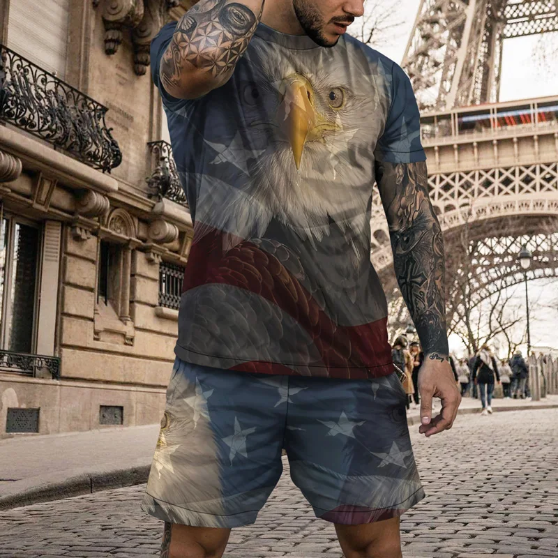 2022 Vintage Eagle American Men's Outfits Oversized Streetwear T Shirt Set Jogging Tracksuit Hip Hop USA Casual Clothes Suit