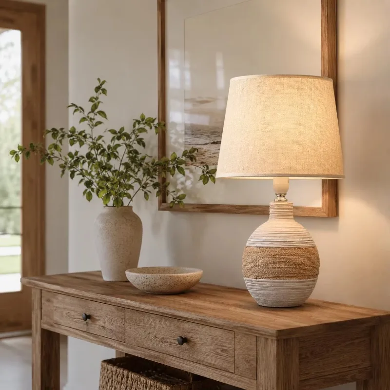 Ceramic table lamp Linen shade Jute rope Bedside table lamp