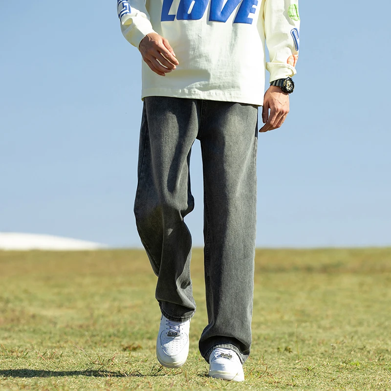 Men's Pockets Spring Autumn Button High Waist Zipper Gradient Solid Denim Wide Leg Casual Loose Work Trousers Vintage Pants