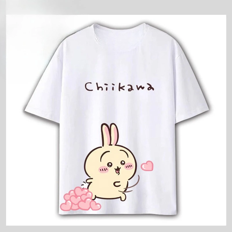 Chiikawa Usagi Hachiware Throw Heart Cute Cartoon Graphic T‑Shirt, Summer Couple Loose Casual Short‑Sleeve Streetwear Daily Top