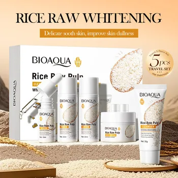 5 قطعة BIOAOUA الأرز الخام تبييض مجموعة سطع ترطيب ترطيب مهدئا منظف للوجه + الحبر + جوهر + غسول + كريم العناية بالبشرة