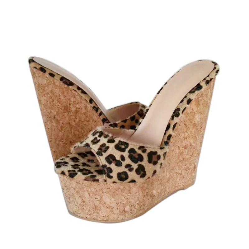 DIZHUANG shoes Fashion women\'s high heeled slippers About 15 cm heel height Leopard patterned horse hair Outdoor wedges slippers