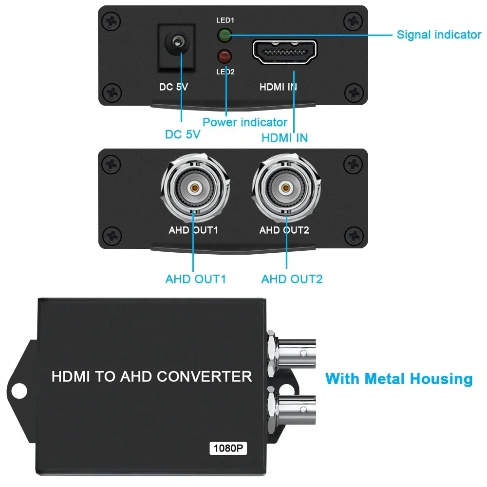 Convertidor de vídeo AHD con salida BNC AHD de 2 canales, entrada HDMI de 1 canal HDM a convertidor de vídeo AHD para convertidor de cámara analógica CCTV