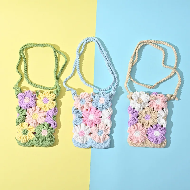 Crochet Flower Phone Crossbody Bag Mini Knitted Floral Shoulder Pouch Bohemia Cellphone Bag Women Gift