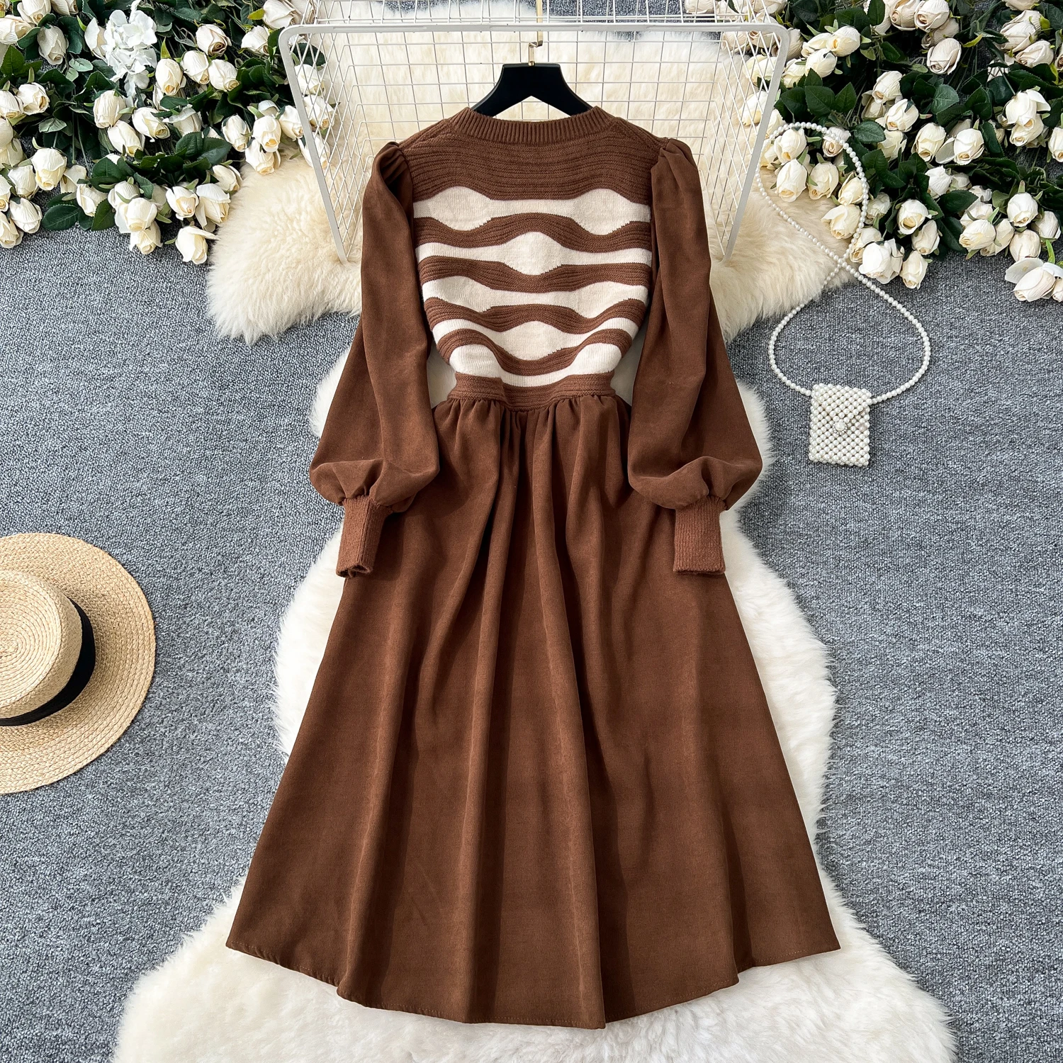 Elegant V-neck Vintage Long Sleeve Chic Wavy Striped Knit Spliced Slim Dresses Korean High Street Evening Autumn Winter Clothing