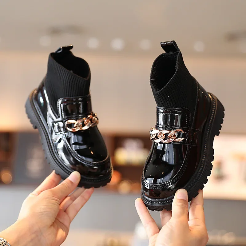 Girls Leather Boots Metal Chains Princess Fashion