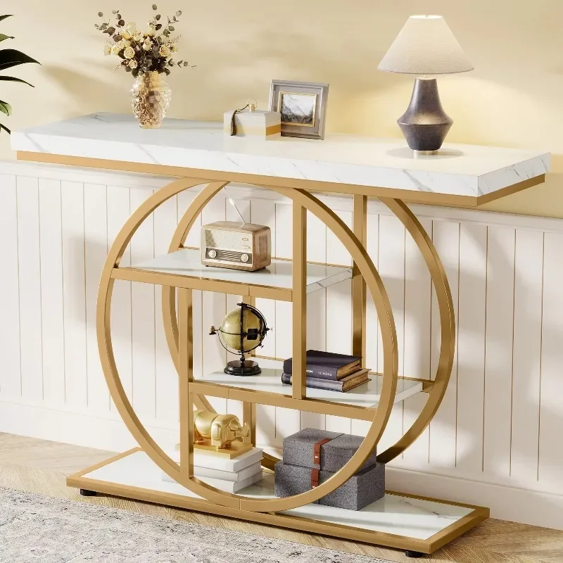 41.3-Inch gold console table Industrial 4-story sofa table Entrance channel table with round base for living room, hallway