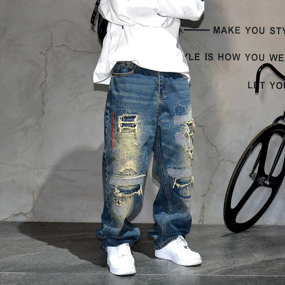 American Streetwear Ripped Patch Jeans Hip Hop Baggy Jeans Mens Clothing Vintage Denim Cargo Pants Japanese Harajuku Trousers