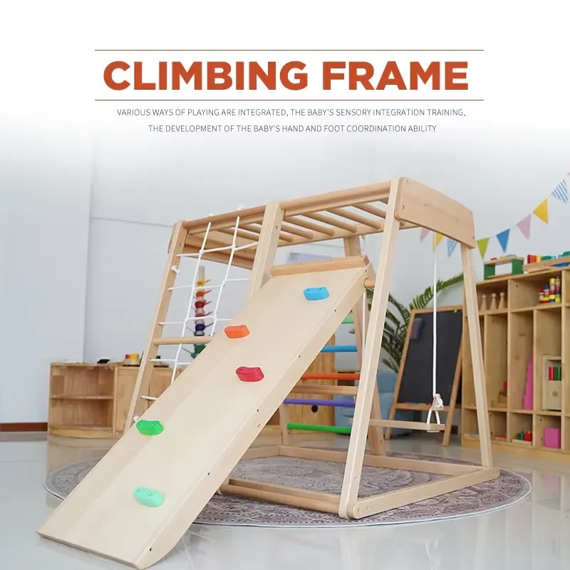 Solid Wood Indoor Climbing Frame for Children Small Slide Combination for Sensory Training Baby Interactive Play Wooden Frame