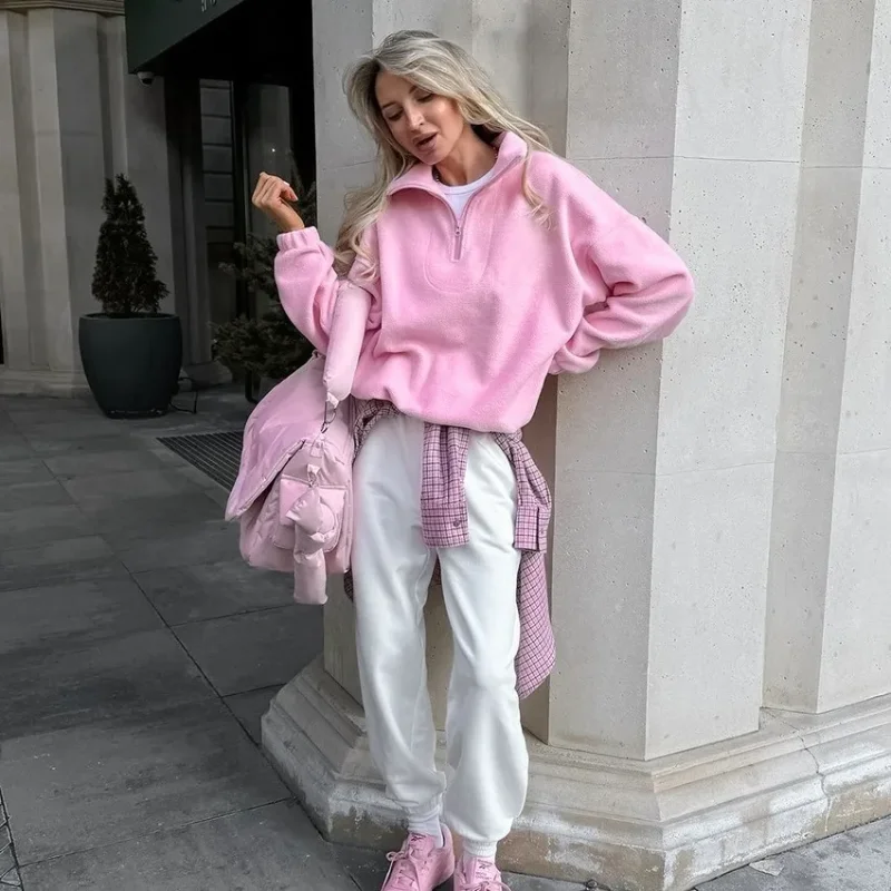 Felpa con cappuccio pullover allentata autunno inverno stile europeo americano da donna tinta unita minimalista versatile mezza zip in pile