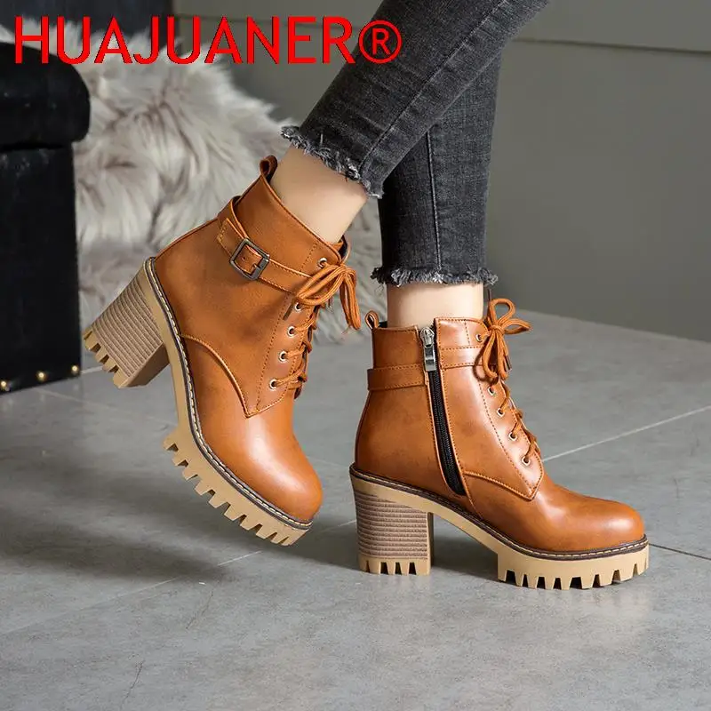 Women Boots 2025 Winter Shoes Woman High Heel Lace Up Ankle Boots Buckle Platform Artificial Leather Women Shoes Zapatos Mujer