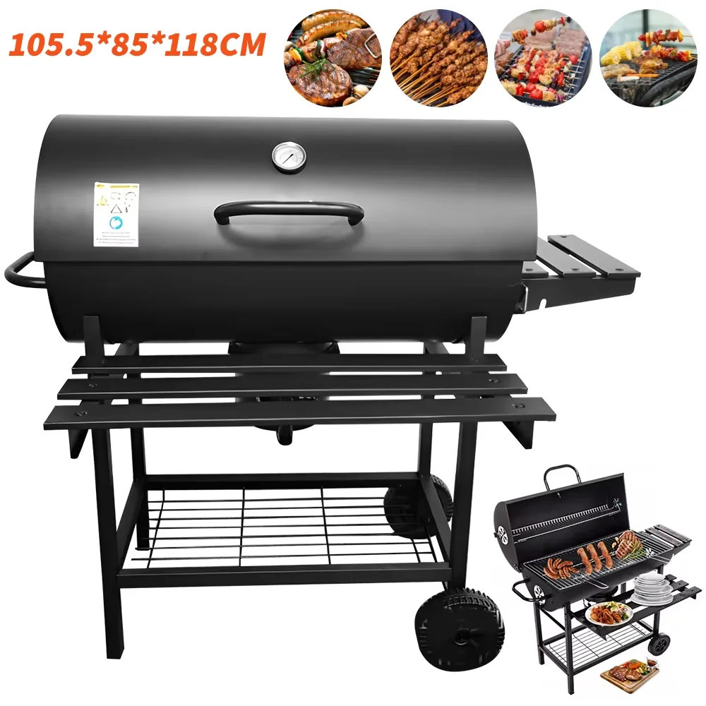 BBQ Grill Outdoor Holzkohlegrill mit Thermometer Grillofen mit Rädern Camping Picknick Grillwerkzeug