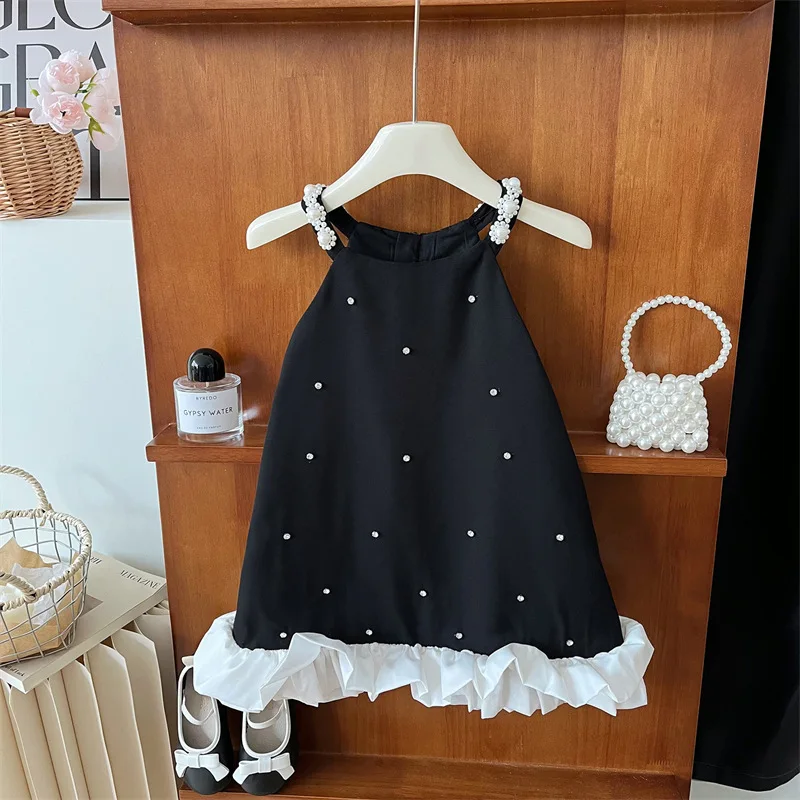 

Black Pearl Decoration Princess Dresses Korean Style Summer New Sleeveless Girls Sling Dress Sweet and Simple Children's Clothes