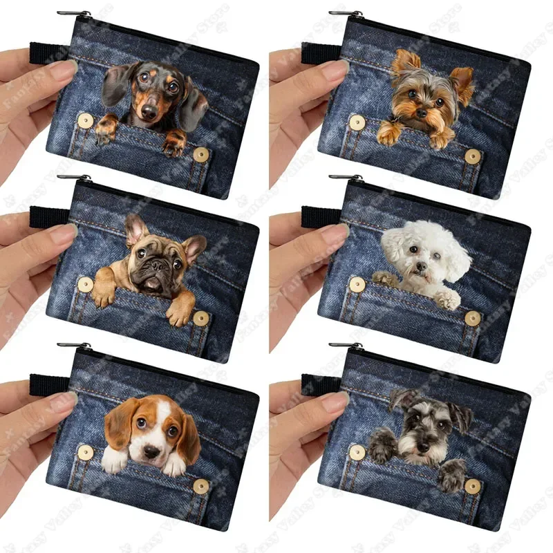 Divertido jeans bolsillo perro monedero mascota Bulldog Francés Dachshund Schnauzer Pug perros llave tarjetero Mini bolsa moneda monedero