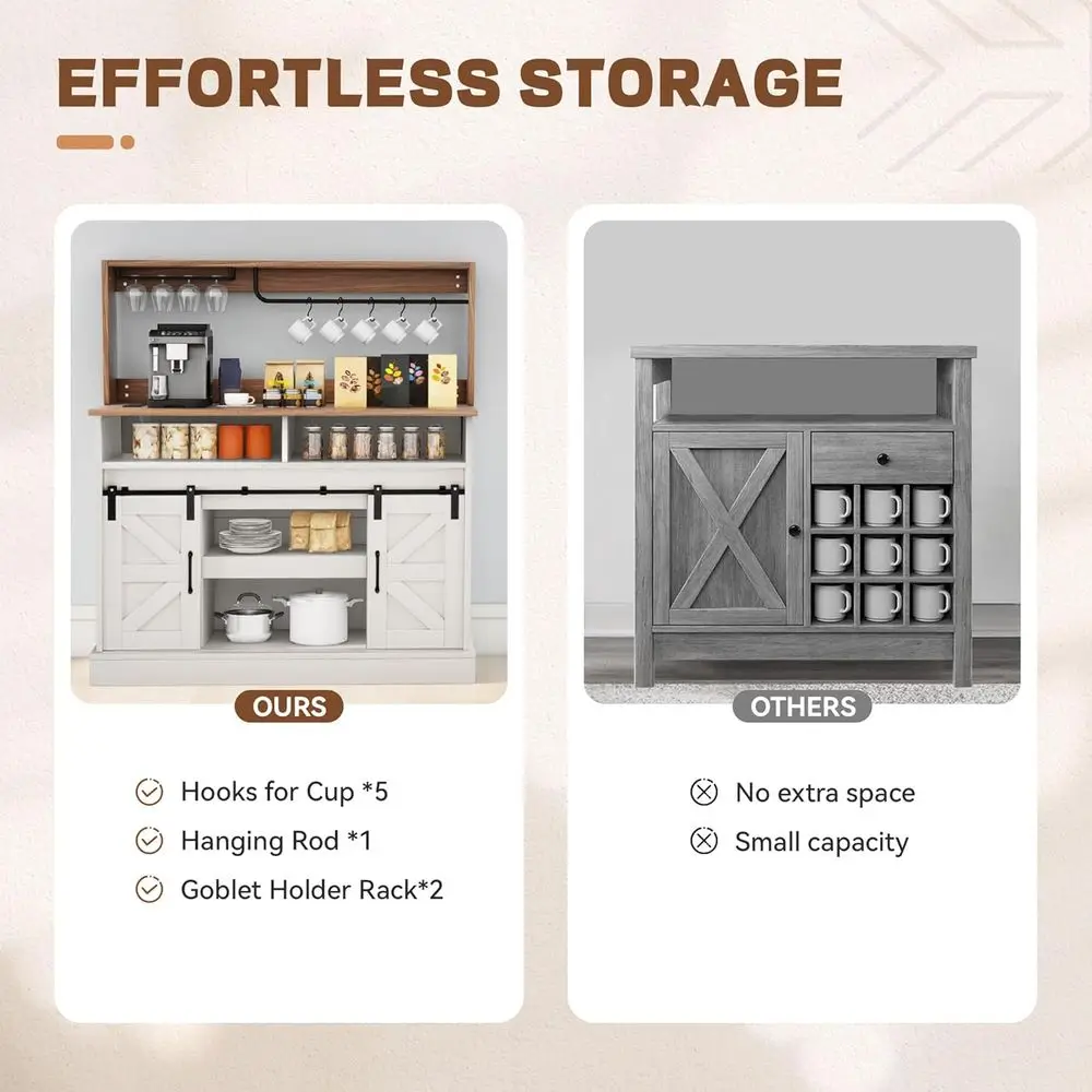 Caffettiera da 47" con porta calici e presa di corrente, armadietti a buffet con contenitore, credenza da fattoria con fienile scorrevole