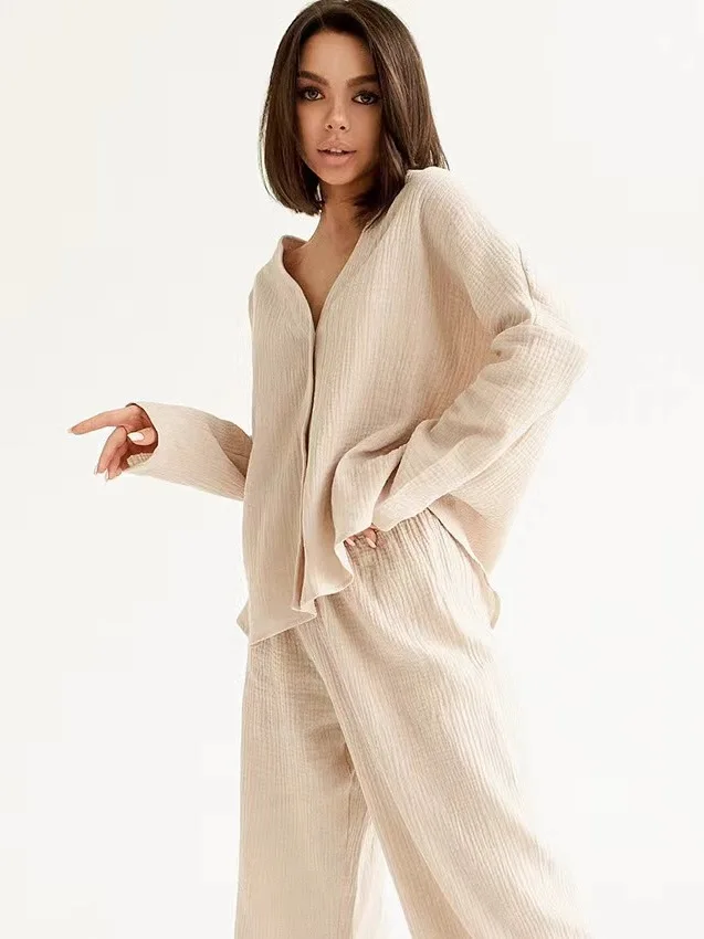 Women's New Double Layer Casual Long Sleeve Wide Open Cardigan Loose Shirt Pants Sleepwear Home Clothes Set Comfortable