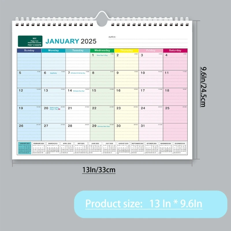 Calendario 2025, planificador semanal, calendario pared, calendario escolar, edición en inglés, calendario colgante para y