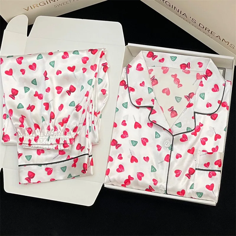 Korean Heart Print Silk Satin Pajamas Spring Autumn Winter New Sweet Long-sleeved Sleepwear Lapel Nightwear Woman Home Clothes