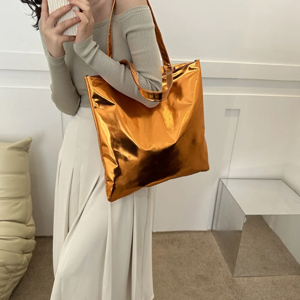 Large Capacity PU Tote Handbag For Women Fahion Leather Shiny Underarm Bag With Handle Streetwear Shopping Shoulder Bag Clutch