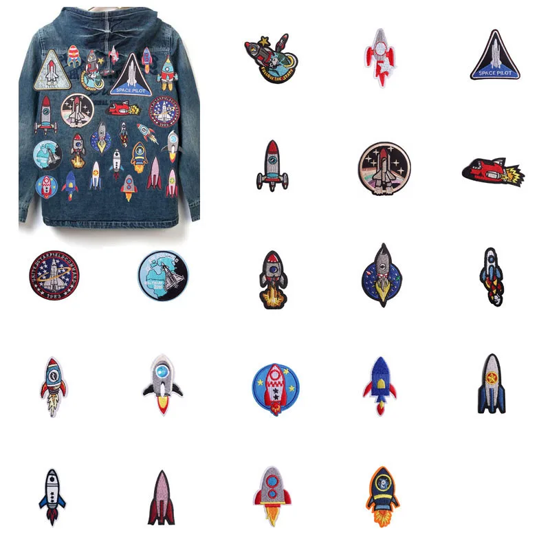 Hot 1pcs Patch Rocket Space Stickers Iron On Patches for Clothing Sewing Embroidery Fusible Applique Badge Decoration Stripes