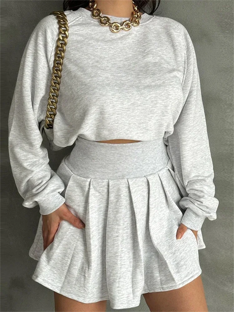 

Толстовка Топ Мини Плиссированная Юбка Комплект Из 2 Частей Женская Однотонная Футболка С Длинным Рукавом Трапеция Короткая Юбка Повседневный Костюм Steetwear
