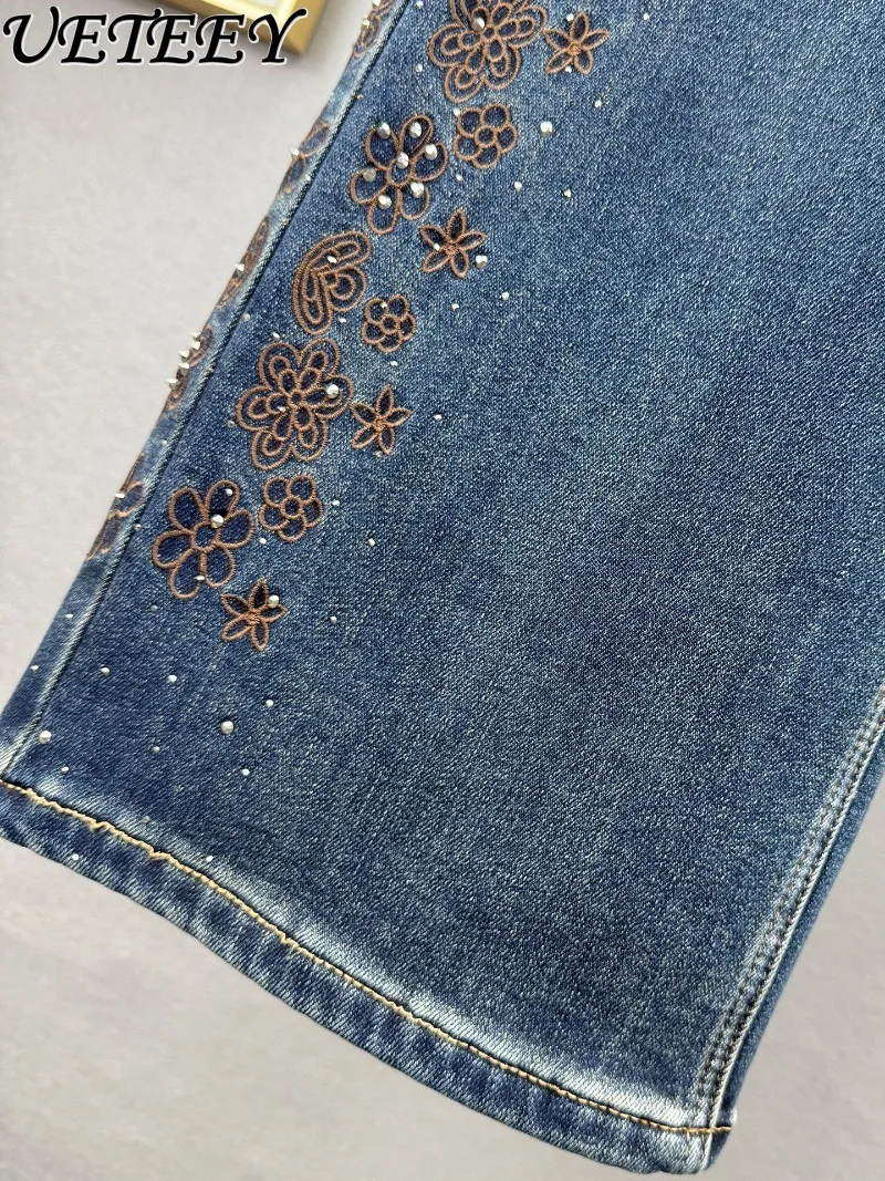 Fleece-Lined Denim Straight-Leg Pants for Women Winter New High-Waisted Loose Slimming Retro Embroidered Rhinestone Jeans
