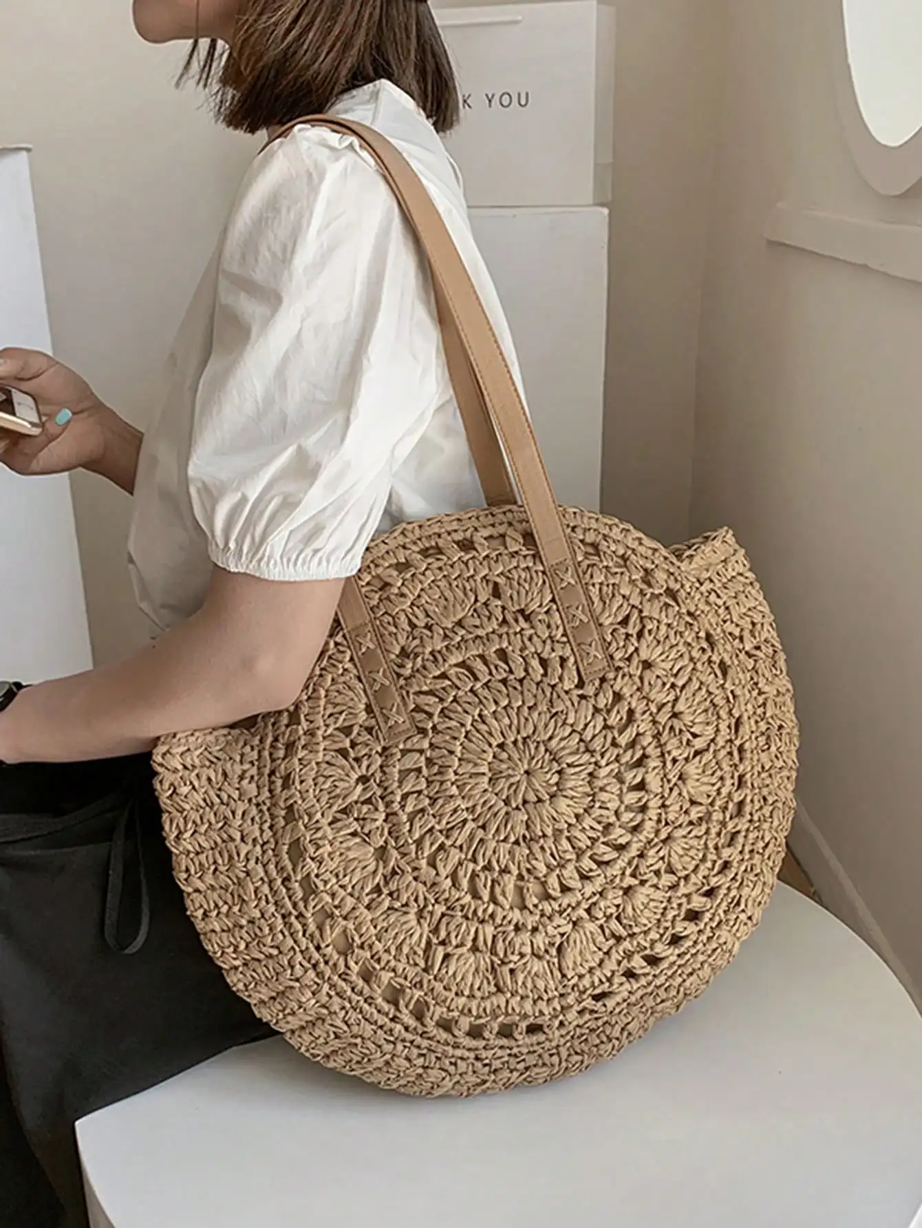 حقيبة يد نسائية دائرية منسوجة ذات سعة كبيرة - تصميم مجوف، مادة خوص، شاطئ/صيفي عصري ضروري لـ #1