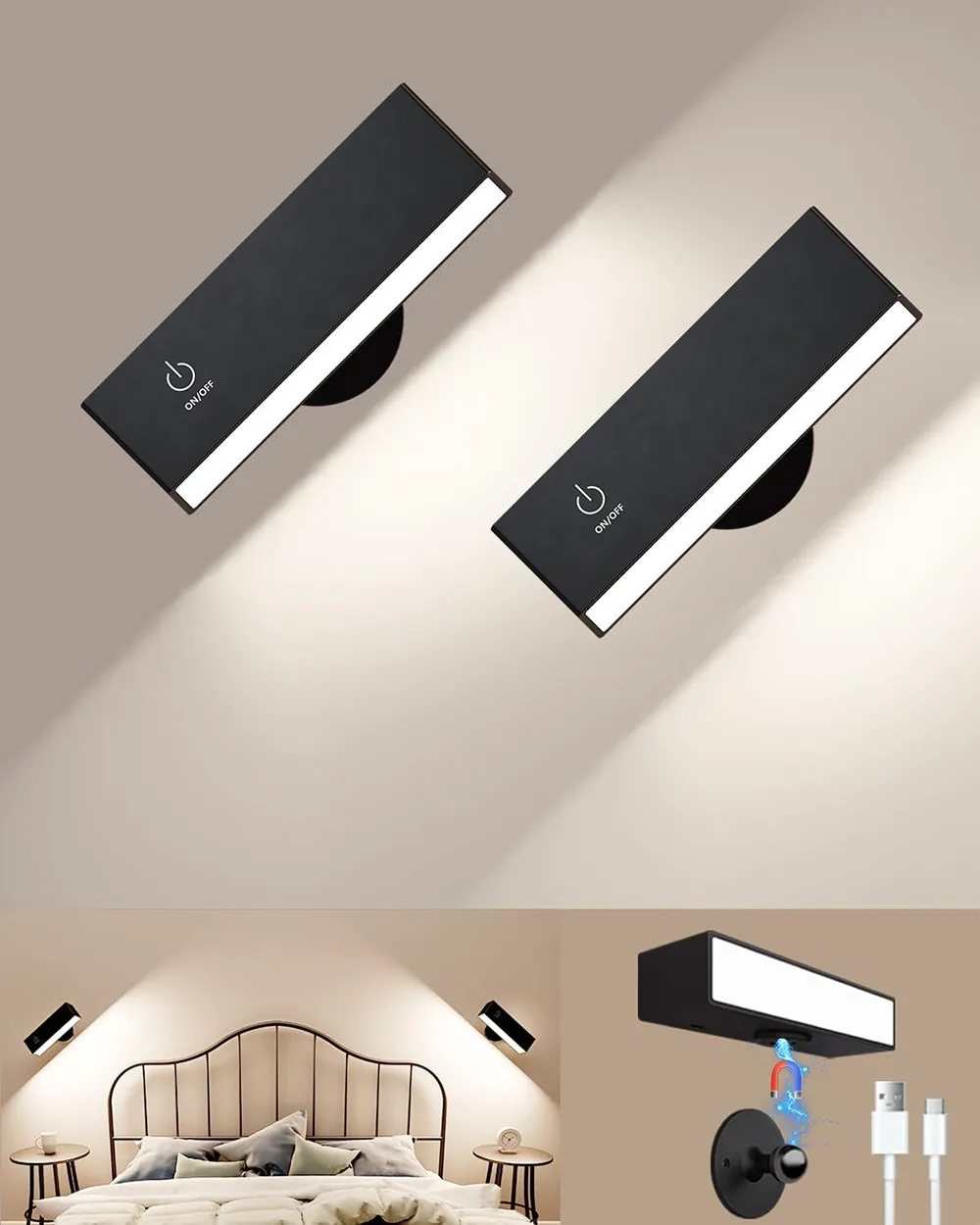 

LED Rechargeable Wall Sconces Battery Operated Set Of Mounted Bedside Lamps Removable 360° Rotate Magnetic Wall Lights