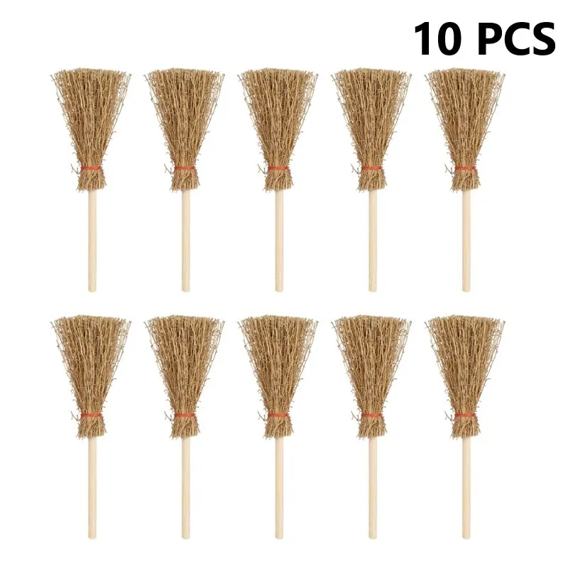10Pcs Mini Broom Rope Straw Brooms Halloween Christmas Party Costume Witch Broom Dollhouse Decorations