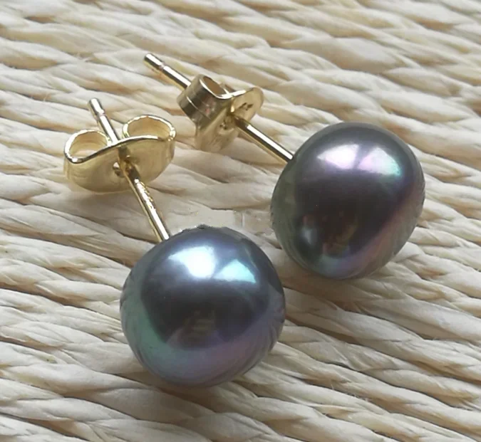 Charming AAA+ Tahitian 10-11mm Cultured black green pearl earrings 14k gold