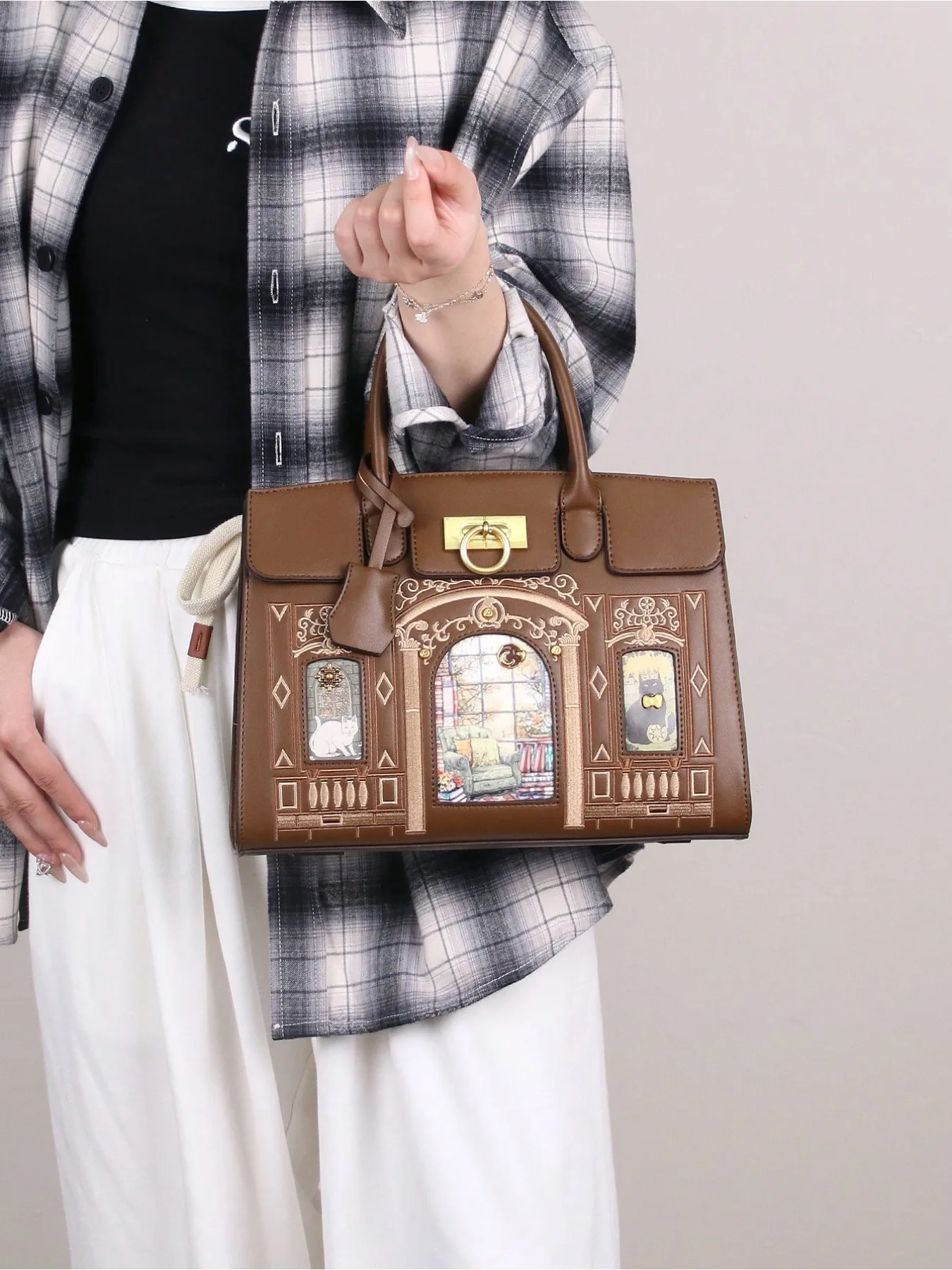 Spring and summer fashion new high-quality large-capacity women's Boston bag retro embroidered cat printed handbag